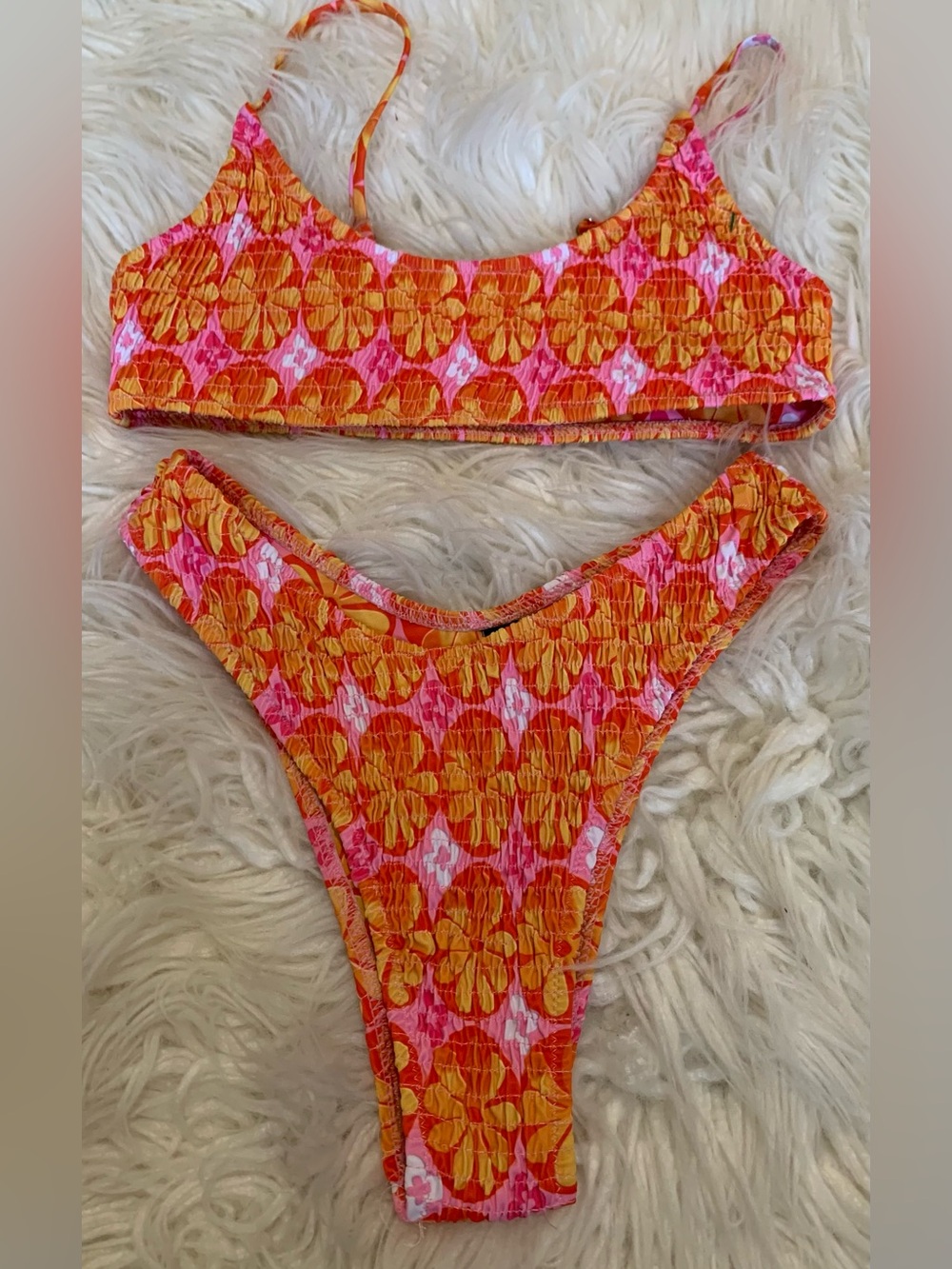 VOLAFA Triangle Smocked Textured Bikini Swimsuit Pink Orange Size Small
